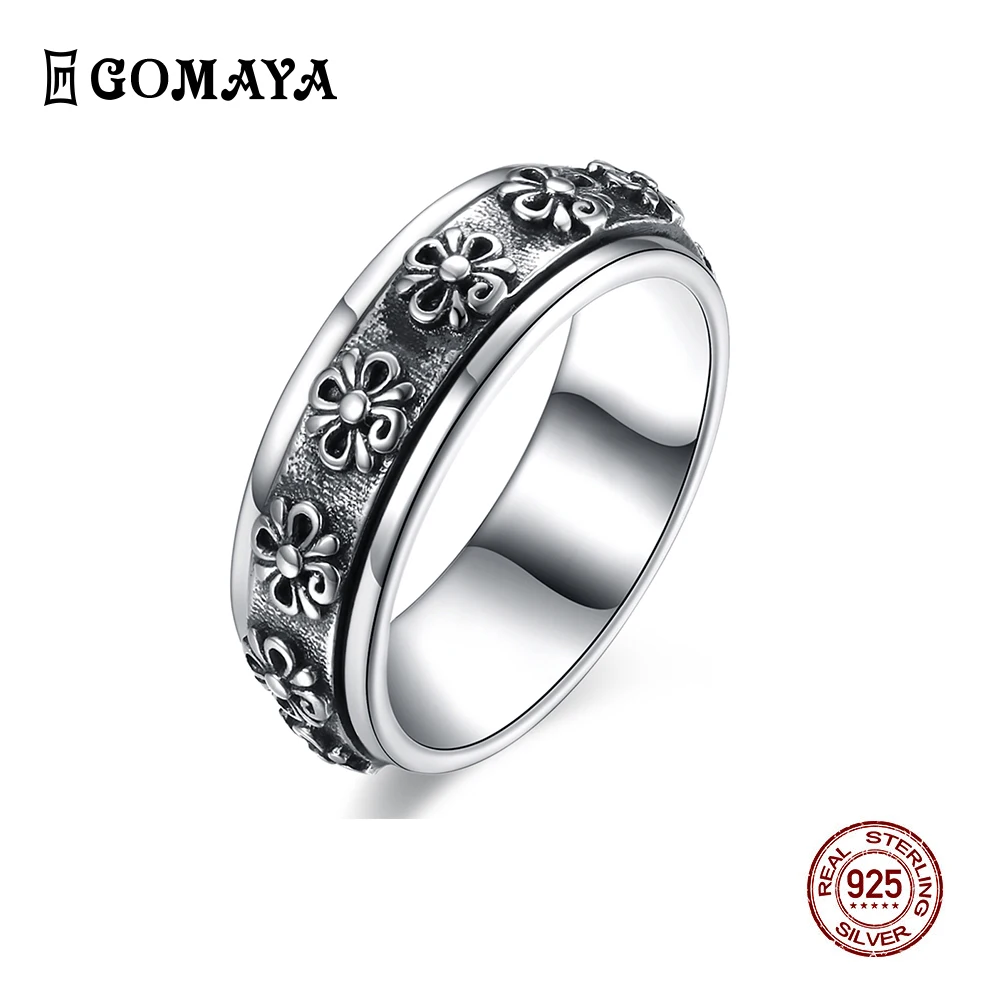 GOMAYA True 925 пробы Серебряное кольцо с резьбой цветок личность популярные ювелирные изделия подарок рок, панк, Готик стиль Anillos