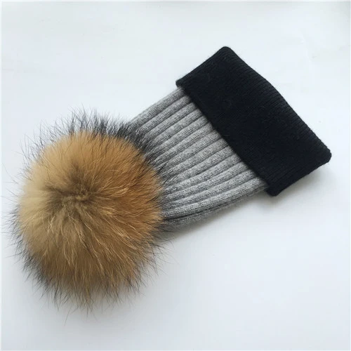 Grey-black N Зимняя шапка, модная шапка с натуральным мехом, женские шапки с помпоном, кашемировый шерстяной вязаный берет, меховая шапка с помпоном, шапка с большим мехом енота - Цвет: Grey-black N