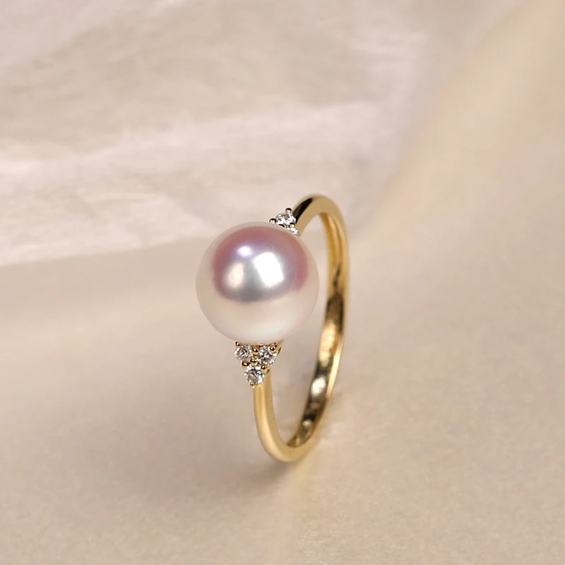 18K import Solid Yellow Gold Jewelry(AU750) Women  Single Grain Akoya Peas Weaving Diamond  ring  Natural Seawater Pearl  Lady