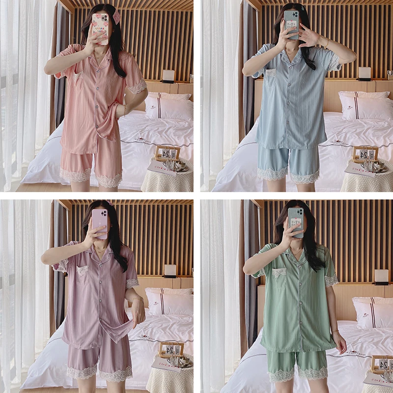 

Loose Women's Sexy Summer Home Clothes Wear Pajamas Set Summer Short Sleeves Sleepwear Tops+Pants Homewear Nightwear pajama sets
