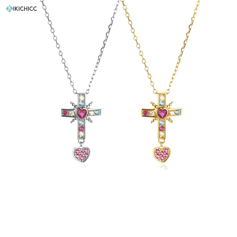 

Kikichicc, новинка, подвеска из стерлингового серебра 925 пробы, золотой крест, розово-красный, длинная цепочка, подвеска, женская мода, ювелирные ...
