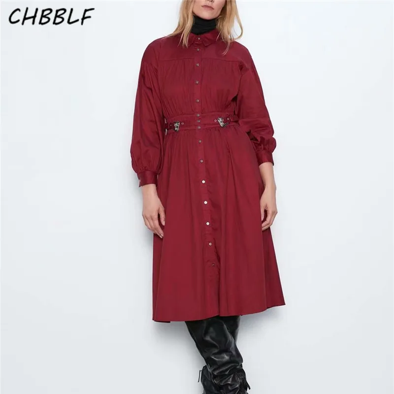 CHBBLF женское винтажное платье миди с длинным рукавом и отложным воротником