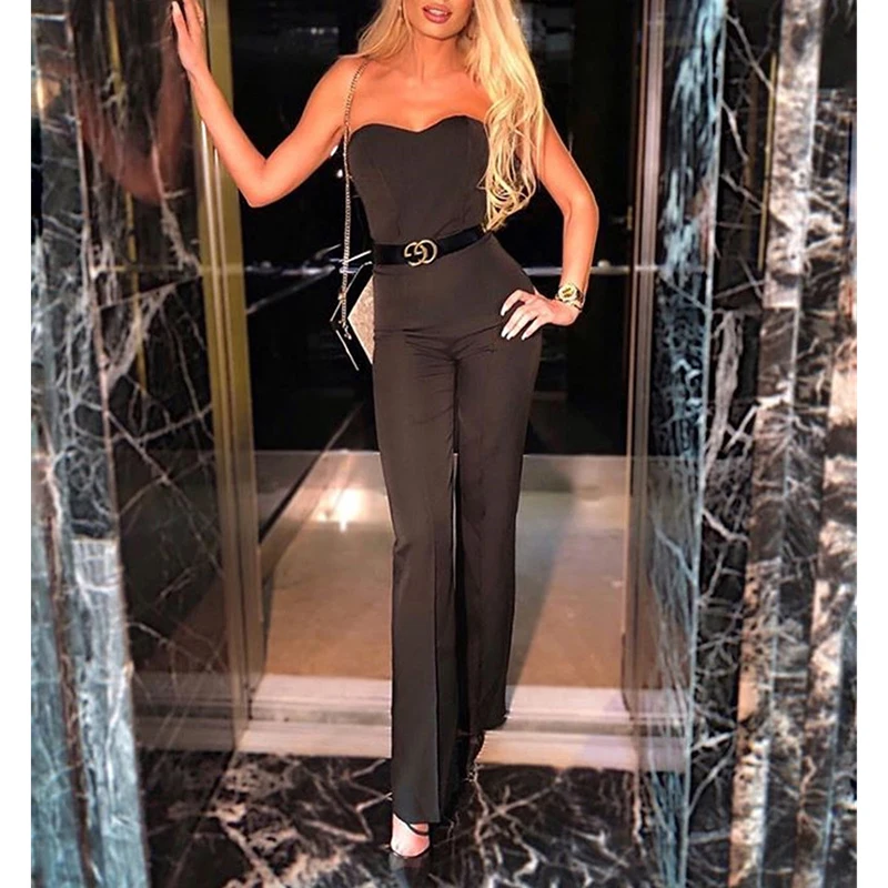 Женский Длинный комбинезон без бретелек однотонный с широкими штанинами и