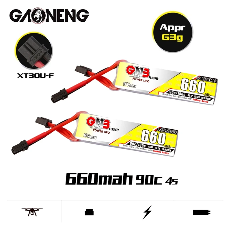 

2Pcs GAONENG GNB HV Lipo Battery 4S 15.2V 660mAh 90C/180C With XT30U-F Plug for Beta85X Whoop Quadcopter FPV RC Racing Drone