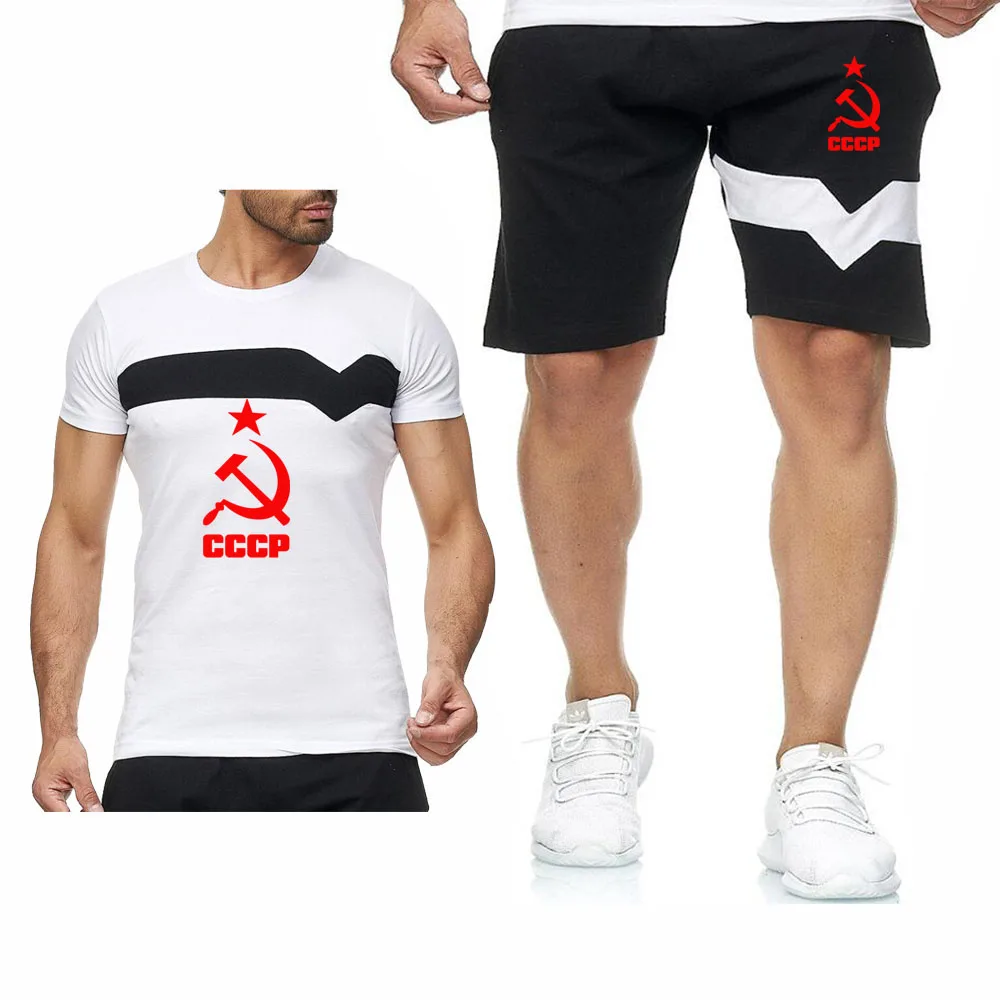 

Summer Men's T-Shirt CCCP Russian USSR Soviet Union Print Splice Mens Short sleeve suits Mens Crew neck T-Shirt Pants Suit 2Pcs