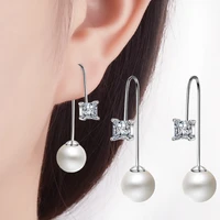 korean version temperament long pearl ear hook fashion personality zircon stud womens model earrings cuffs pair silver