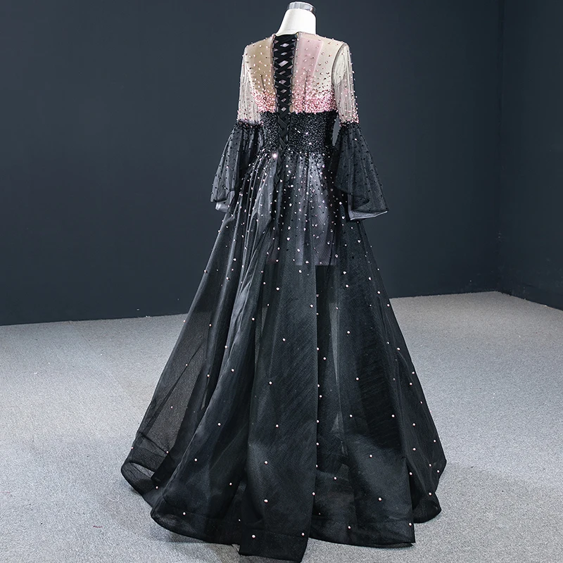 J67155 Jancember Long Evening Dresses Flare Sleeves O Neck Beaded Sequined Lace Up Back Latest Robes De Soirée Manches évasées