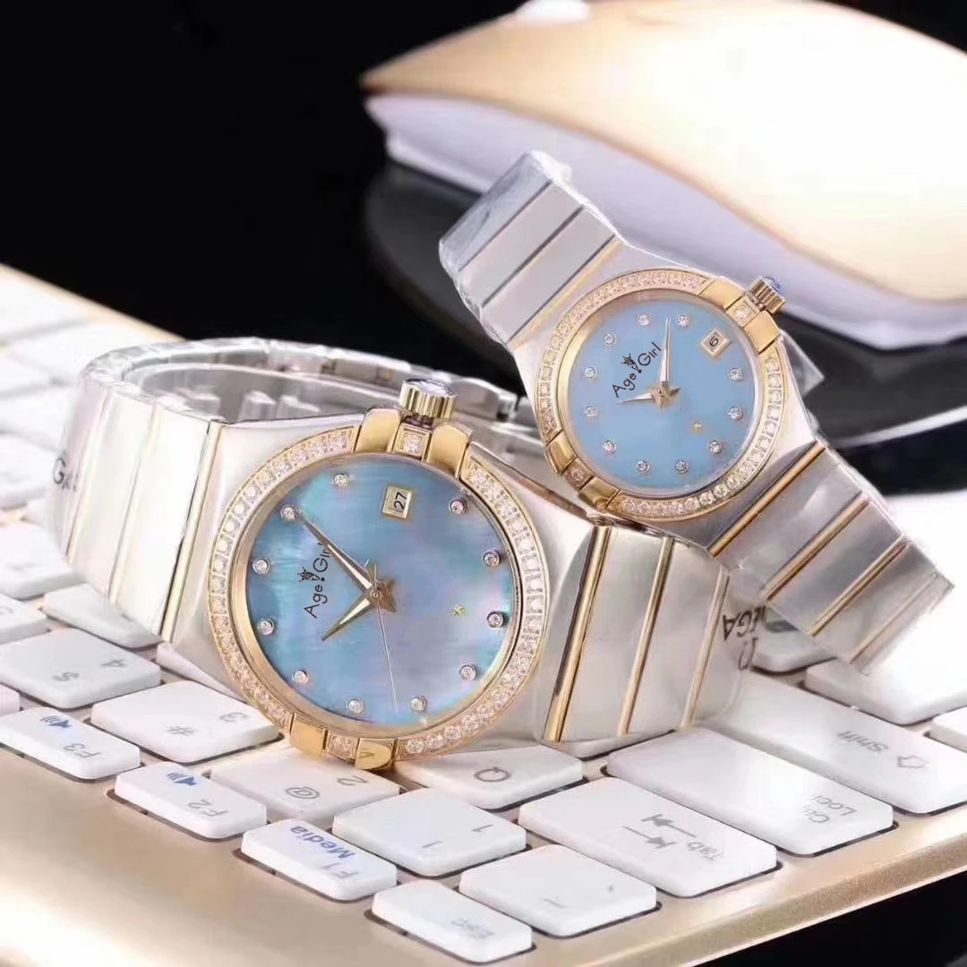 

Luxury New Men Women Couple Watches Gold Diamond Bezel Blue Pearl Dial Automatic Mechanical Stainless Steel Sapphire Watch