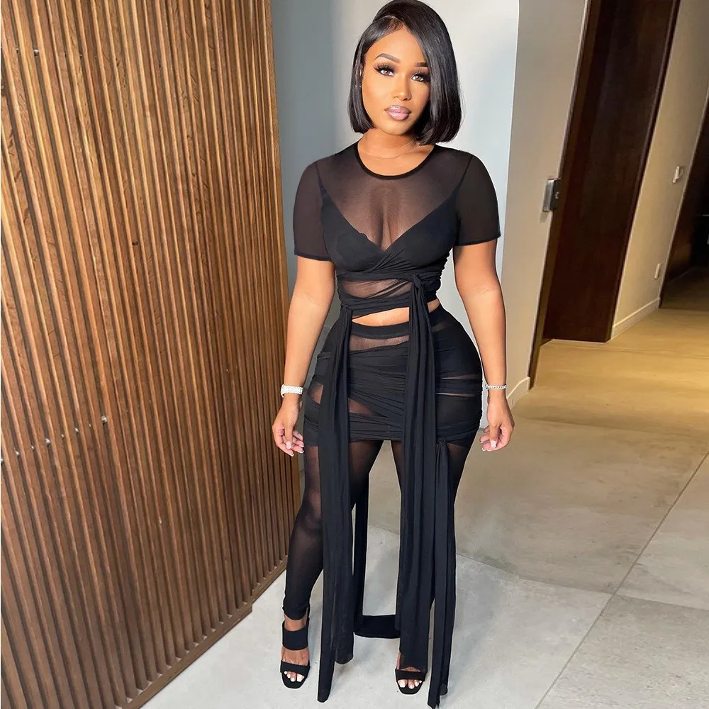 

Mesh See Through Women Set Drawstring Draped Short Sleeve T-shirt And Pants Suit Tracksuit Two Piece Set Fitness Outfits 2022