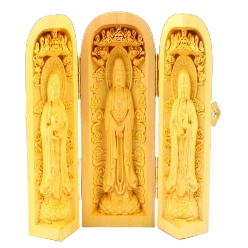 

Boxwood carving decoration to three statues of Buddha wealth God Home Furnishing Decor folding box