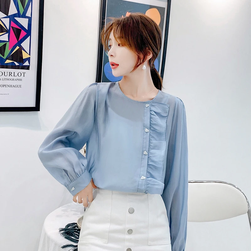 Корейские модные шифоновые женские блузки с оборками длинным рукавом синие
