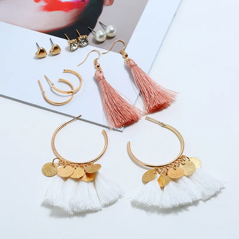 6 пар/уп. модные серьги наборы сердце стразы имитация жемчуга кисточка 2018 для