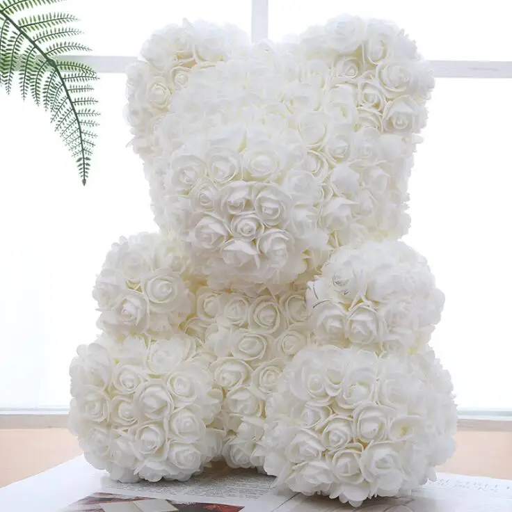 35cm White Искусственные цветы Роза медведь многоцветный пластик пена роза цветок плюшевый медведь День Святого Валентина подарок День Рождения Вечеринка весеннее украшение - Цвет: 35cm White