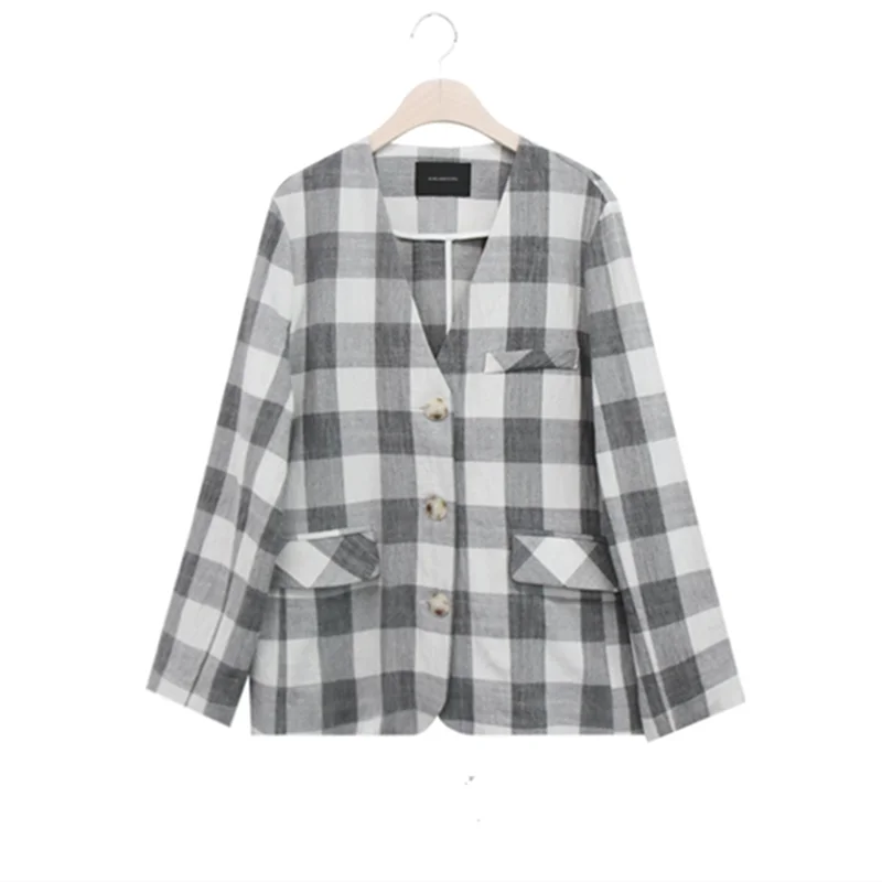 

REALEFT New 2021 Summer Vintage Plaid Cotton and Linen Women's Blazers Loose Single Breasted Female Formal Jackets Outerwear