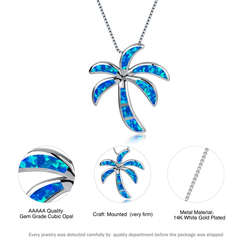 

Boho Female Coconut Tree Pendant Necklace Classic Silver Color Chain Necklaces For Women Dainty Blue Opal Wedding Neckalce