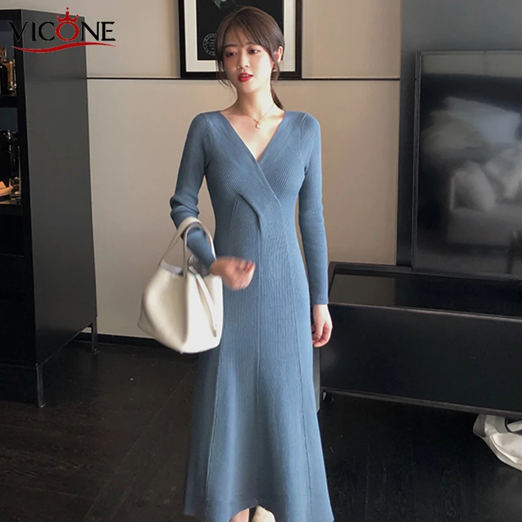 

VICONE Elegant OL V Neck Slim Long Sweater Dress Women Thick Knit Autumn Winter Dress Female Slim A-line Basic Dress Casual