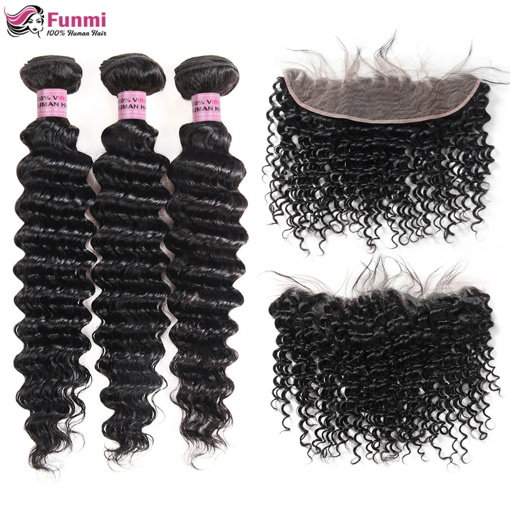 

Brazilian Deep Wave Bundles With Closure Non-Remy Human Hair 3 and 4 Bundles With Lace Closure Queen Mary Human Hair Extensions