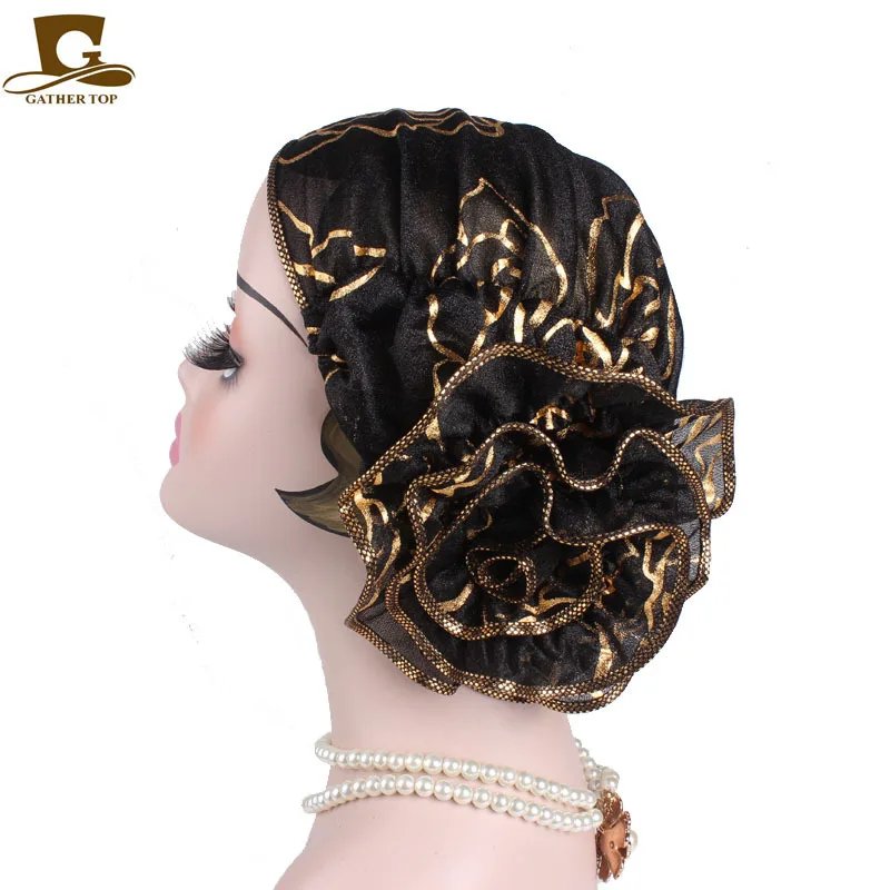 Черный кружевной тюрбан с цветком для женщин головной убор мусульманская