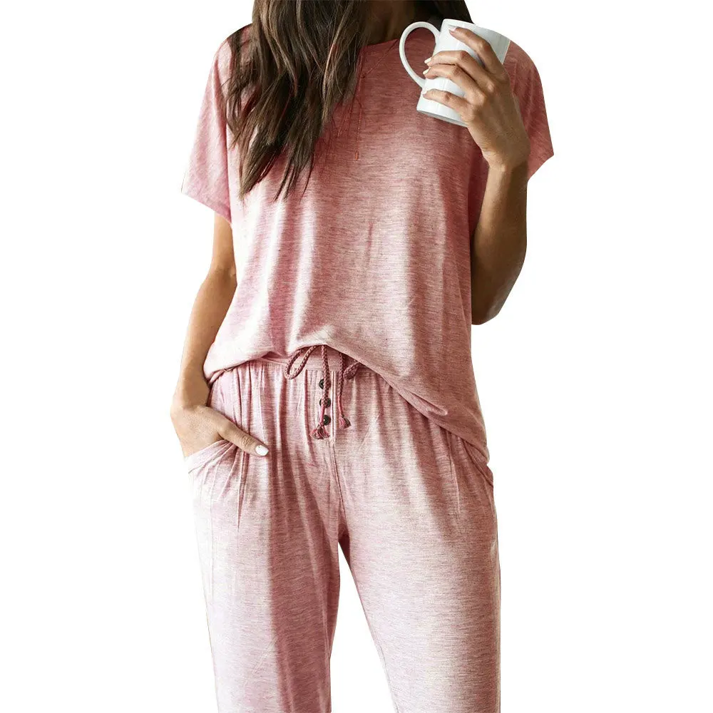

2021 Spring And Summer New Suit Round Neck Solid Color Short-sleeved T-shirt Trousers Female Plus Size Pullover Casual Suit