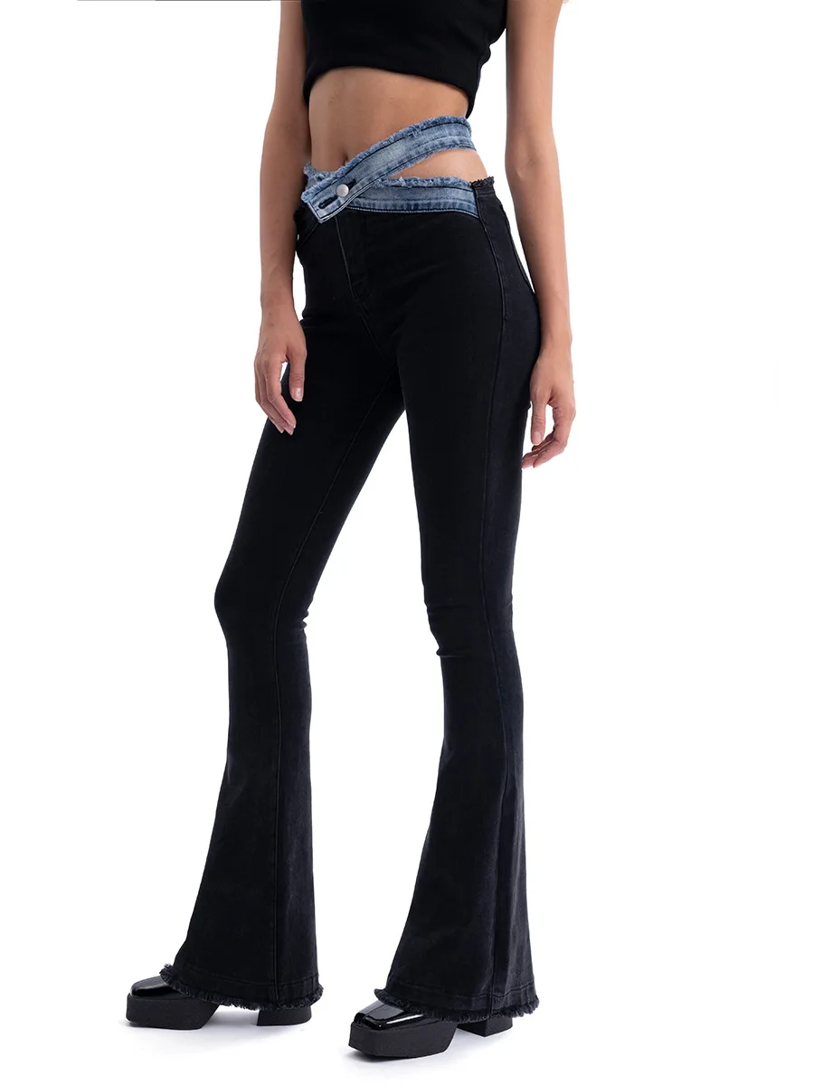 

2022 S/S New Waist Asymmetric Tie Cutout Slim Fit Slim Jeans