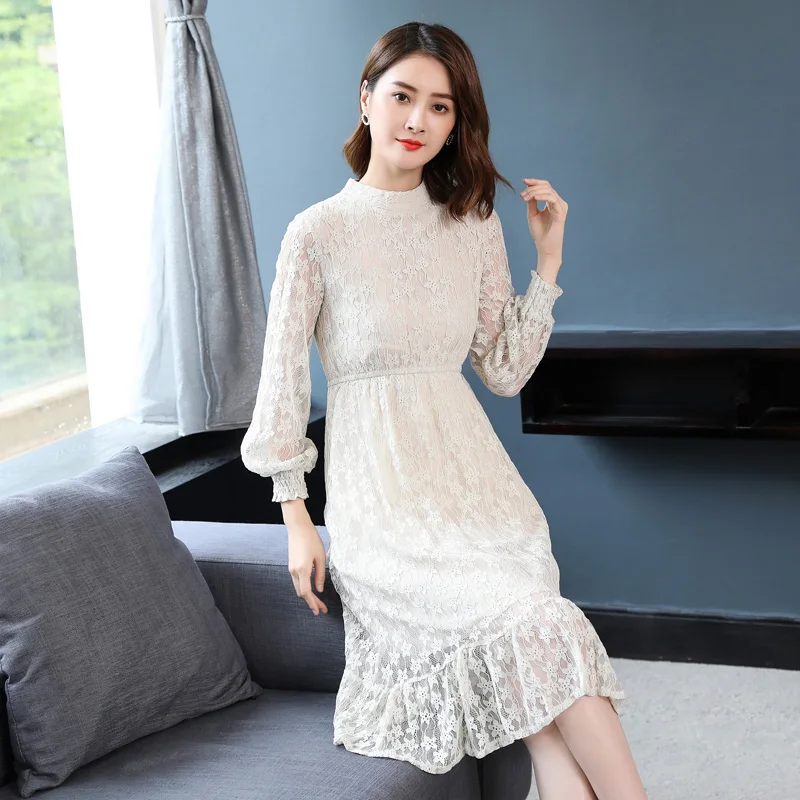 

LUKAXSIKAX 2020 Spring Autumn Women Dress Runway High Quality Apricot Floral Lace Dress Elegant Lantern Sleeve Mermaid Dress