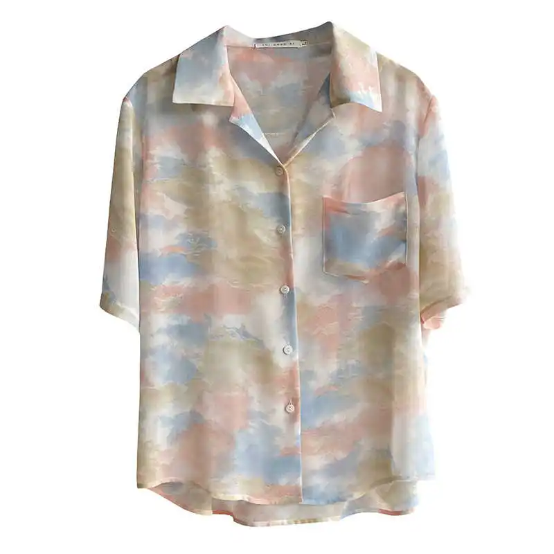 

COZOK Tie Dyed Short Sleeve Shirt Women's 2021 Thin Floral Shirt Halo Dyed Print Top Sunscreen 1933