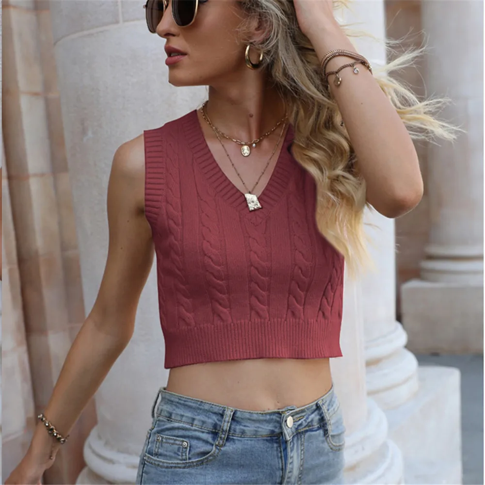

2021 Women's Summer Ribbed Knitted Cropped Tank Tops Sexy V-neck Sleeveless Y2K Vest Female Slim Harajuku Fashion Crop Sweaters