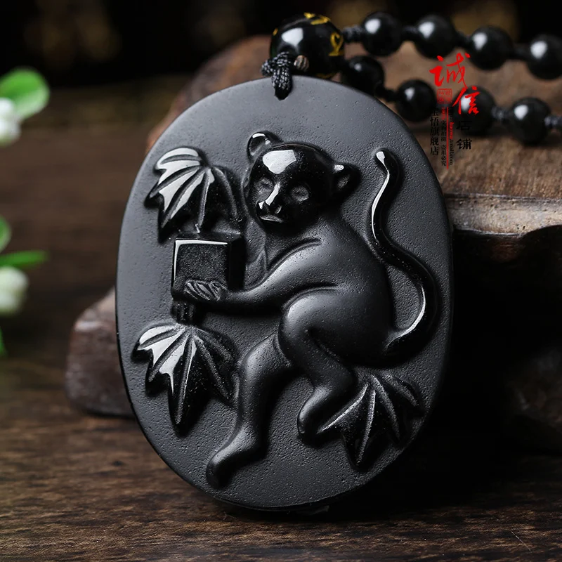 Ожерелье с бусинами из натурального черного обсидиана ручная работа знаки