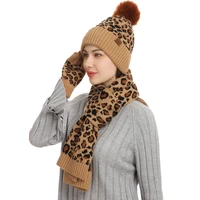 the new autumnwinter 2021 knit hat wool hat women chic and foreign leopard print warm hat scarf gloves three piece set