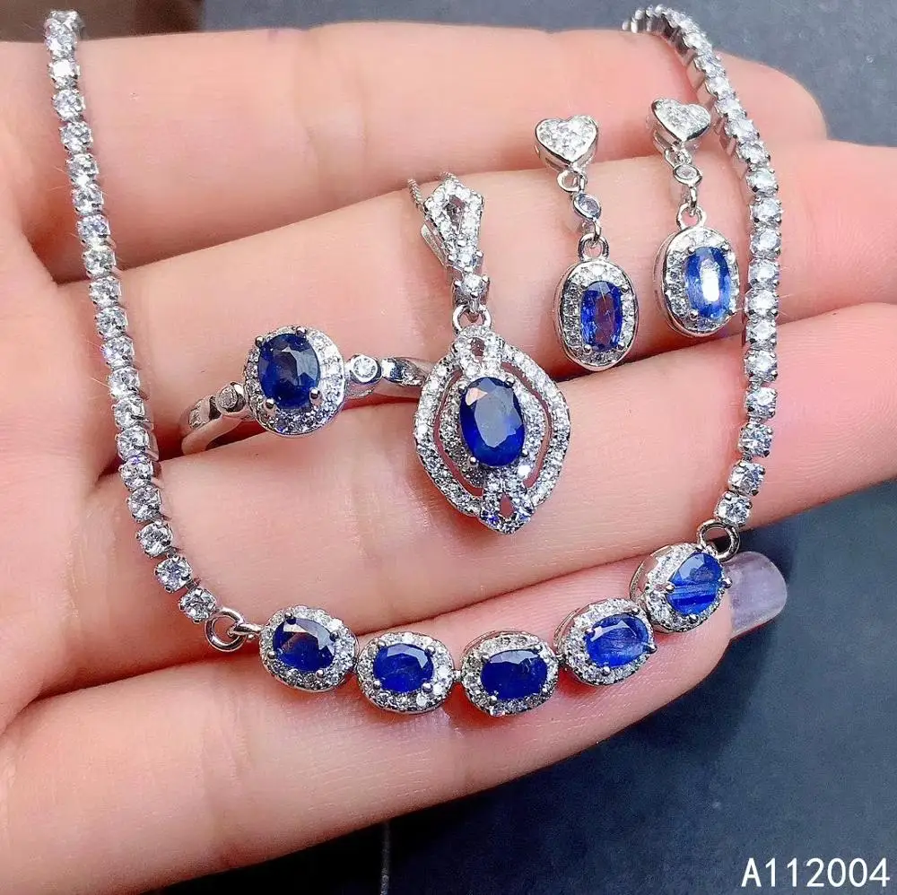 

KJJEAXCMY Fine Jewelry 925 Sterling Silver Inlaid Natural Sapphire Ring Pendant Earring Bracelet Set Luxury Supports Test