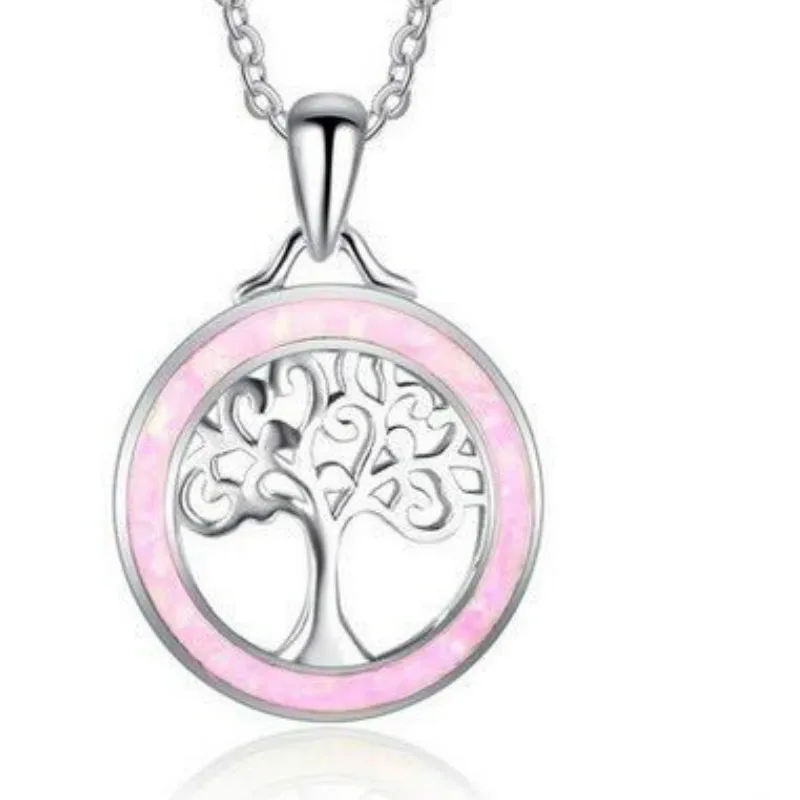 Женское колье с подвеской Древо жизни маленькое голубым опалом серебряного