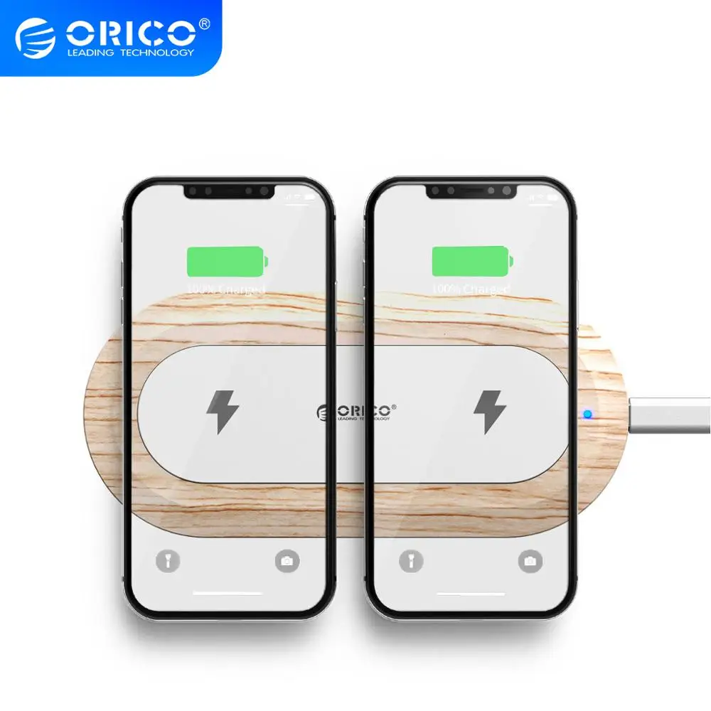 Деревянное двухспиральное Беспроводное зарядное устройство ORICO для iPhone X 8 XS 5W Qi USB