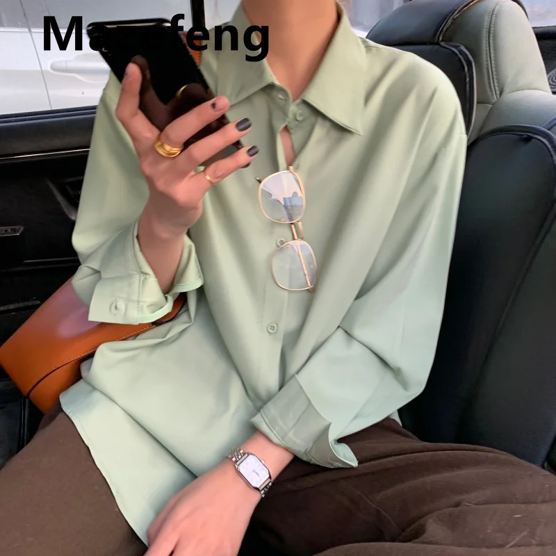 

Mazefeng 2021 Spring Autumn Women Shirts White Plain Loose Oversized Blouses Female Tops Loose BF Korean Style Blusas Pockets