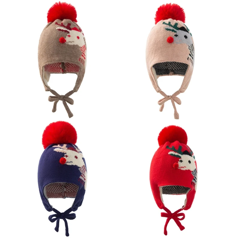 

896E Casual Christmas Cartoon Deer Jacquard Hat Simple Beanie Knit Cap Warm Ear Protect for Children Girl Boy Autumn Winter