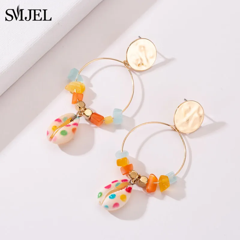 SMJEL Boho модные многоцветные большие серьги Большая Морская раковина камень