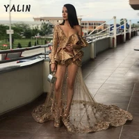 yalin unique gold evening prom gowns long sleeves deep v neck sequins ruffles sheer sukienki homecoming vestidos de fiesta