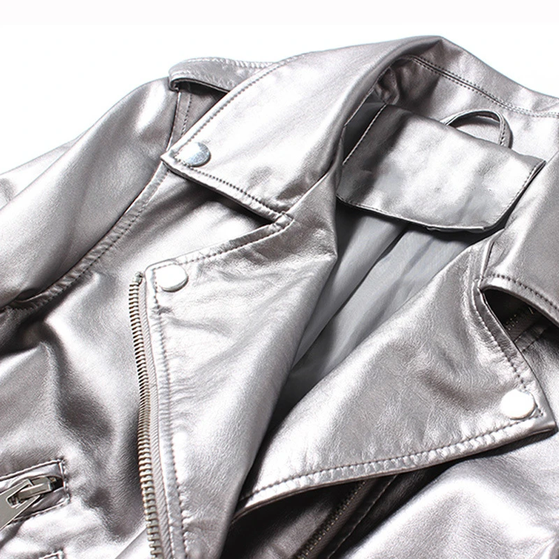 Женские металлические куртки из полиуретановой кожи серебристые Мотоциклетные