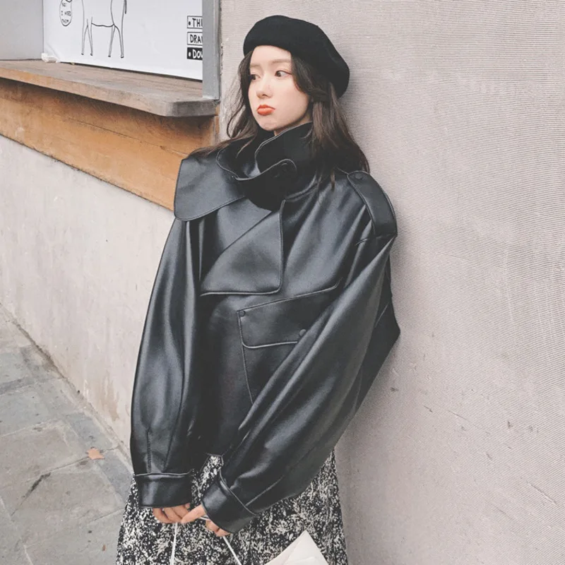 LANMREM 2020 новая весенняя однотонная куртка из искусственной кожи со стоячим