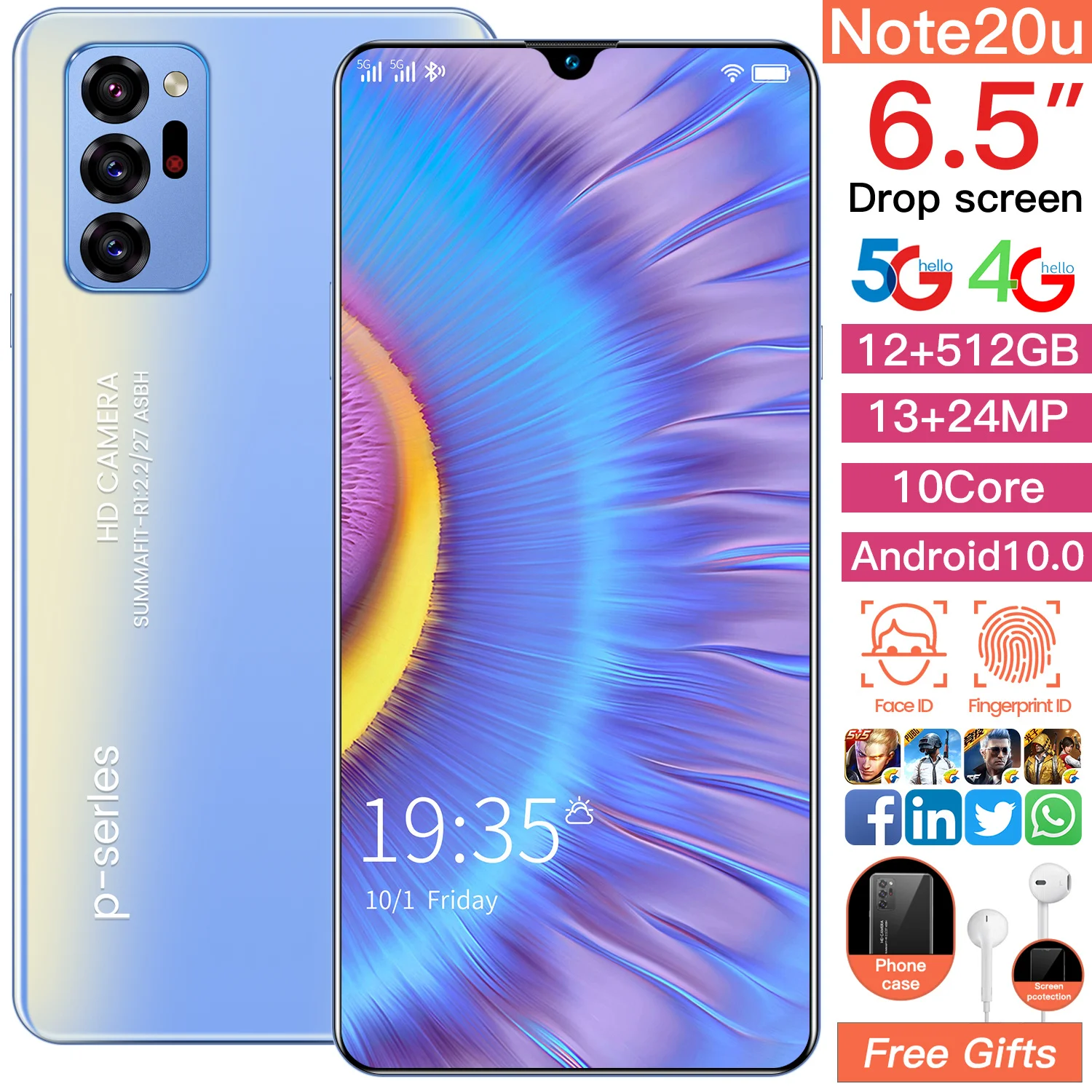 

Note20U 6.5 Inch 8GB RAM 256GB ROM 10 Core 4800mAh Smart Phone 2021 Global 5G LTE Bands 13+24MP Fingerprint ID Mobile Phone