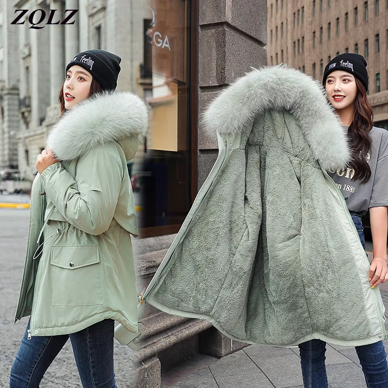 

ZQLZ Plus Size Hooded Fur Down Cotton Coat Female Warm Long Parka Mujer 2021 Casual Loose Black Overcoat Winter Jacket Women