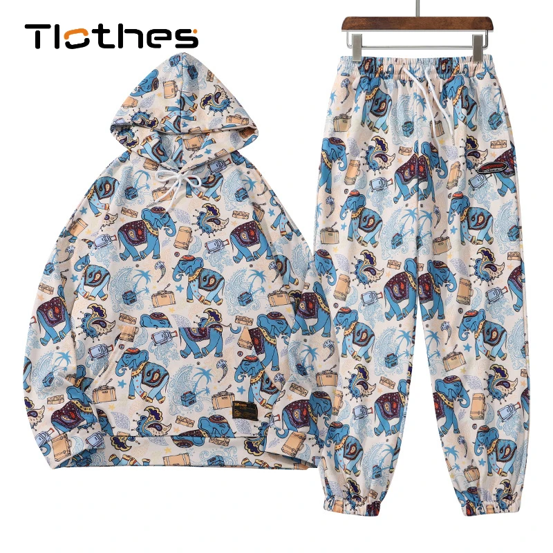 

Pattern Sweatsuit Set for Men 2 Piece Outfits Oversized Animals Elephants Print Hooded Hoodie and Sweatpants Mens Joggers Set
