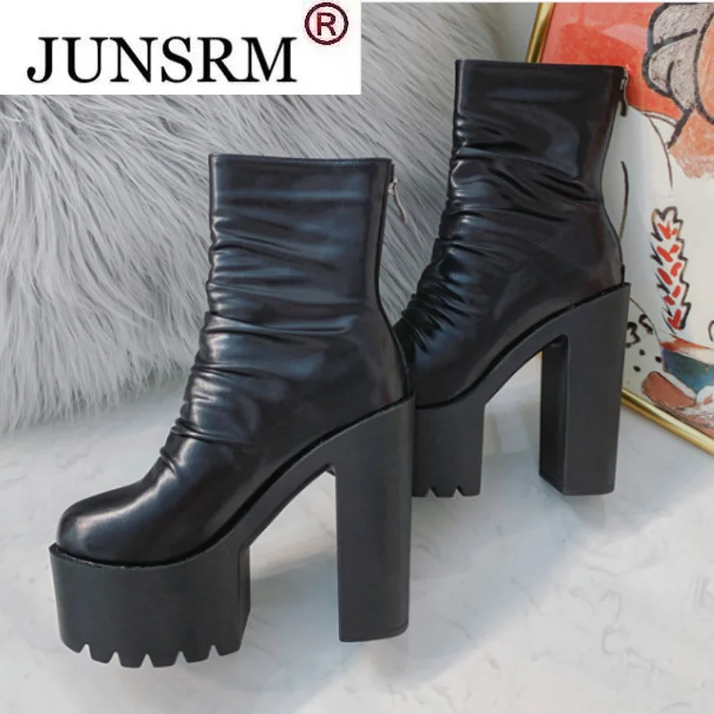 

New Autumn Winter Platform Boots High Heels Back Zipper Black White Short Boots For Women Waterproof Gothic Shoes