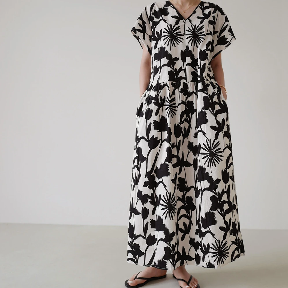 

Korean Casual Summer Holiday Floral Print Maxi Long V-Neck A Line Loose Dresses for Women YOU322