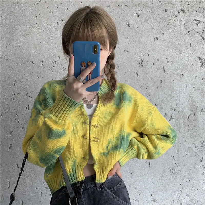 

Короткий вязаный свитер Tie Dye, кардиган, пальто, женские Топы с длинным рукавом, корейская мода, винтажный осенний кардиган, куртка, уличная о...