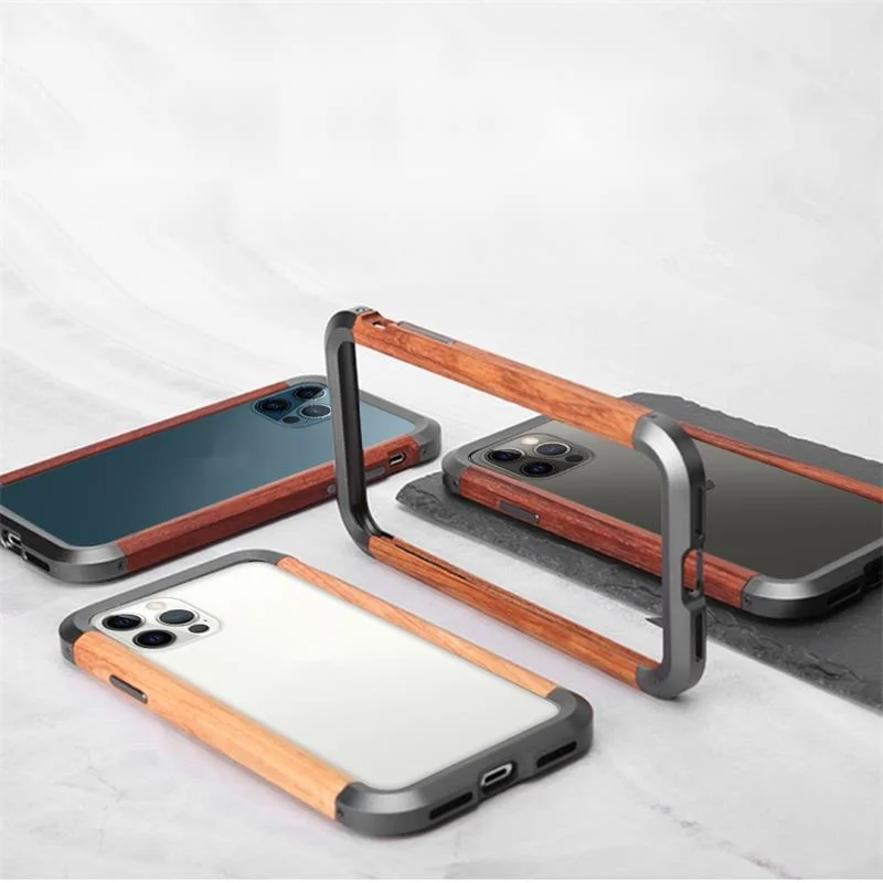 

Case For iPhone 12 Mini 12Pro Max 11 Pro XS XR 7 8 Phone Cover Aluminum Natural Wood Metal Camera Protect Wireless Charging Case