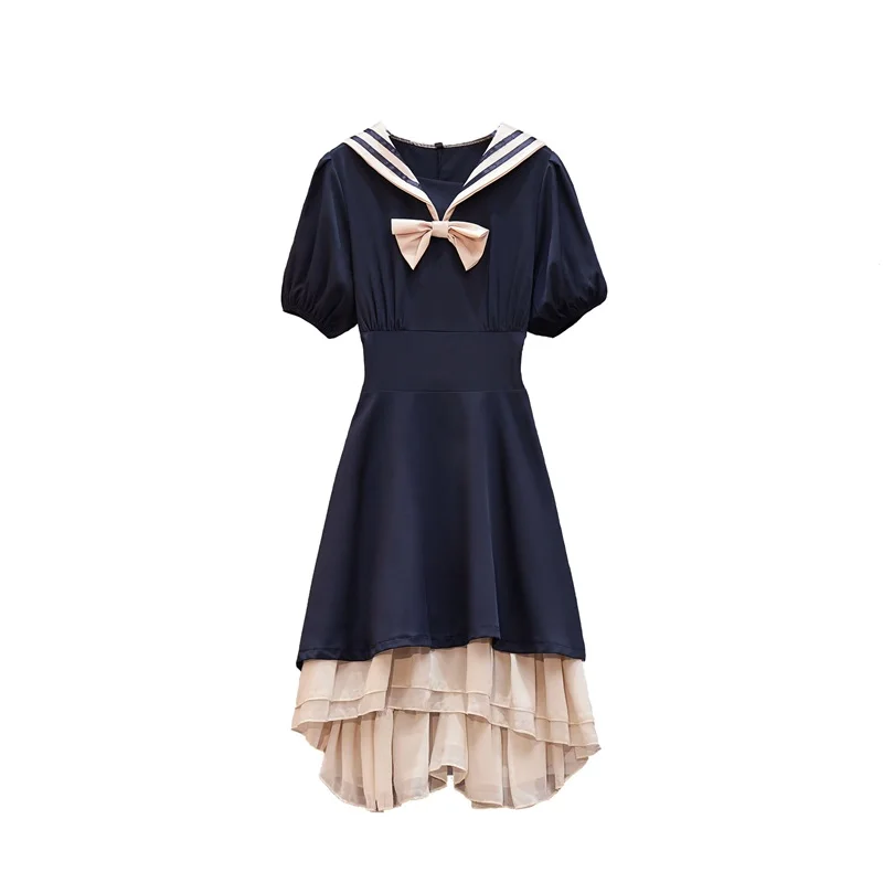 

EHQAXIN Women's Bow Dress Summer 2021 Japanese Sweets Sailor Collar Short Sleeve Mesh Patchwork Asymmetry Fringed Dresses L-4XL