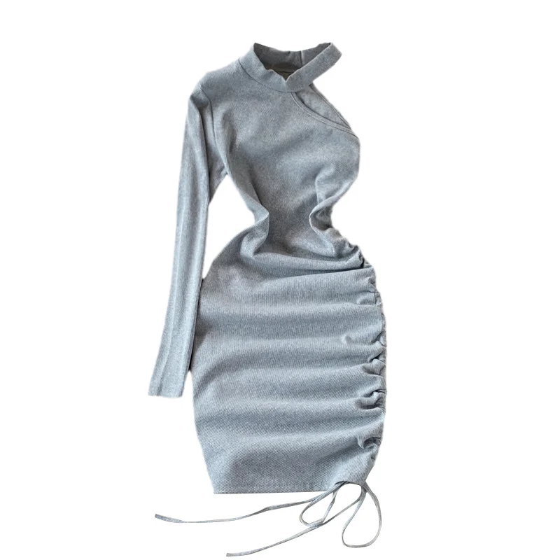 

Fashion Girls Halter One Side Off Shoulder Dress Women Elastic Tight Drawstring Show Thin Bodydon Dress Long Sleeve Dresses