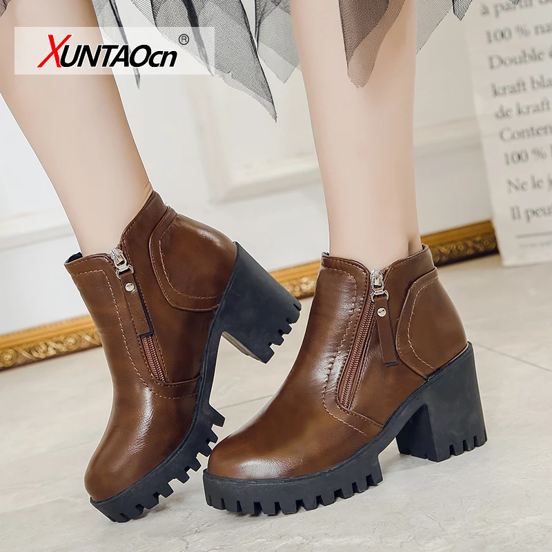 

Женские ботинки на молнии, ботинки с круглым носком, на высоком каблуке, в Корейском стиле, весна-осень 2021