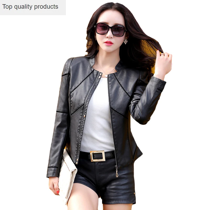 Autumn Leather Jacket Women Long Sleeve Short Coat Fashion Mosaic Plus Size PU Cheap Bomber Jacket Femininas YR034