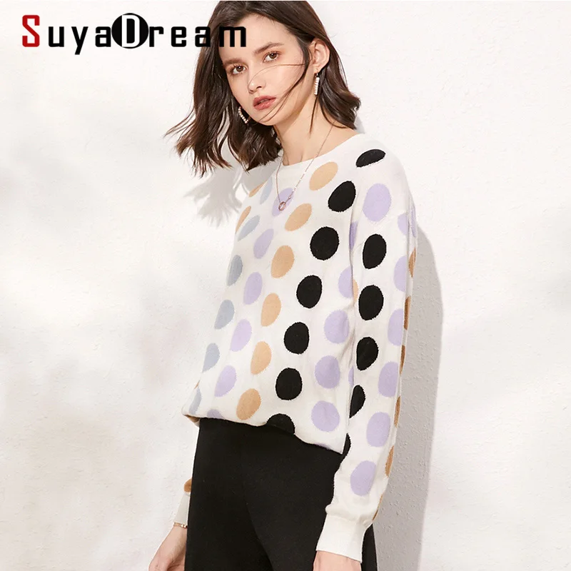 SuyaDream пуловер в горошек с круглым вырезом 100% шерсть женские модные свитера 2019